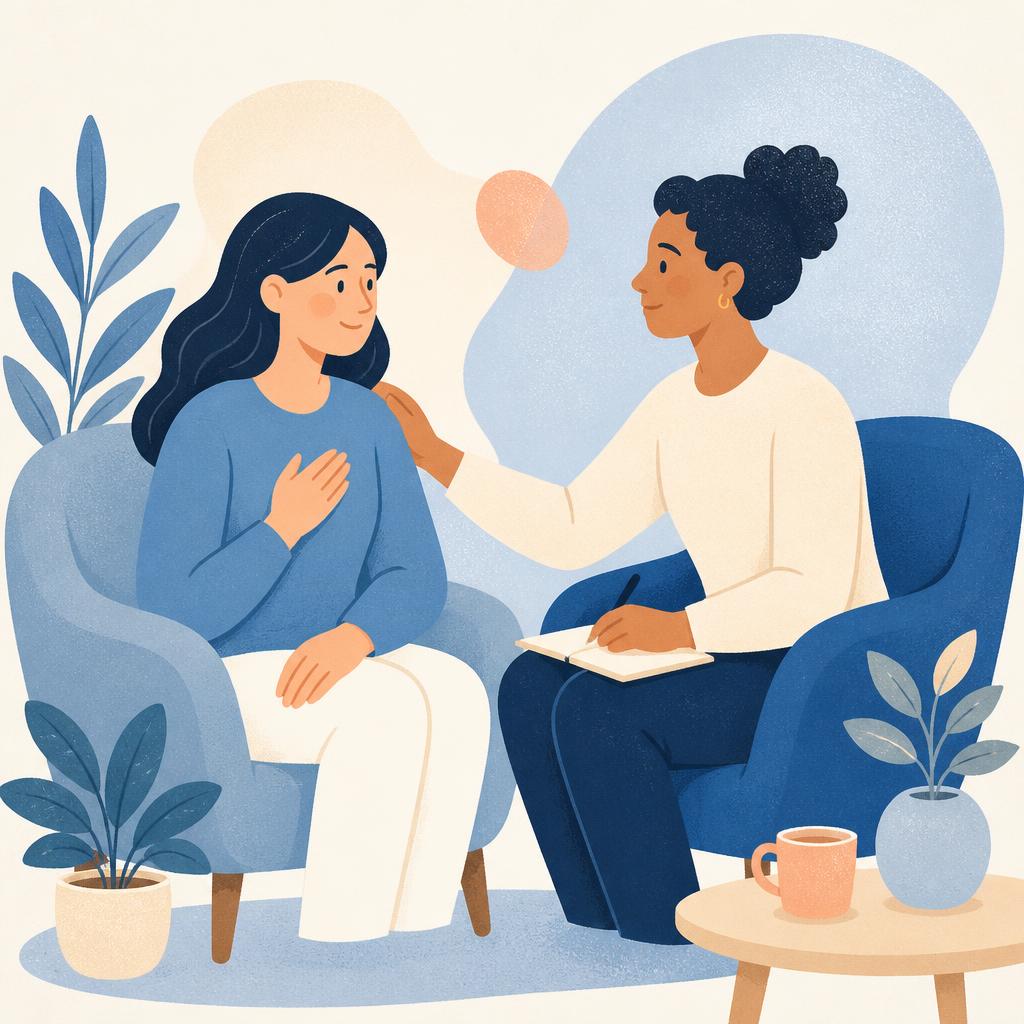 Illustration of a coach offering warm, personalized care to a client